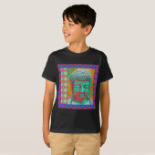 Buddha-Pop mit Patchwork-Borders in Blau und Rosa T-Shirt (Vorne ganz)