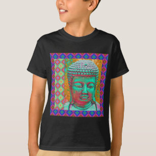 Buddha-Pop mit Patchwork-Borders in Blau und Rosa T-Shirt