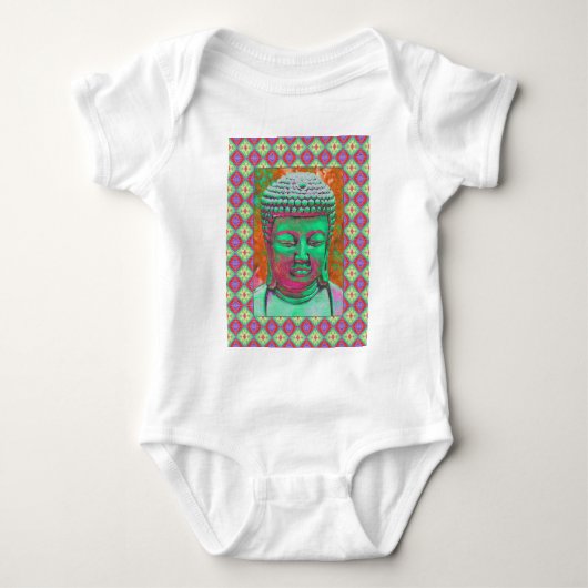 Buddha-Pop mit Patchwork-Grenzen in grün und rot Baby Strampler (Vorderseite)