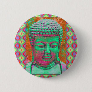 Buddha-Pop mit Patchwork-Grenzen in grün und rot Button