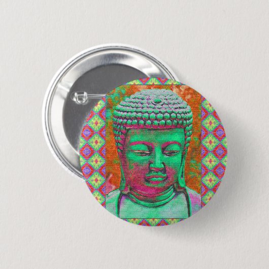 Buddha-Pop mit Patchwork-Grenzen in grün und rot Button (Vorne & Hinten)