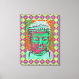 Buddha-Pop mit Patchwork-Grenzen in grün und rot Leinwanddruck