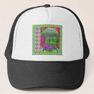 Buddha-Pop mit Patchwork-Grenzen in grün und rot Truckerkappe