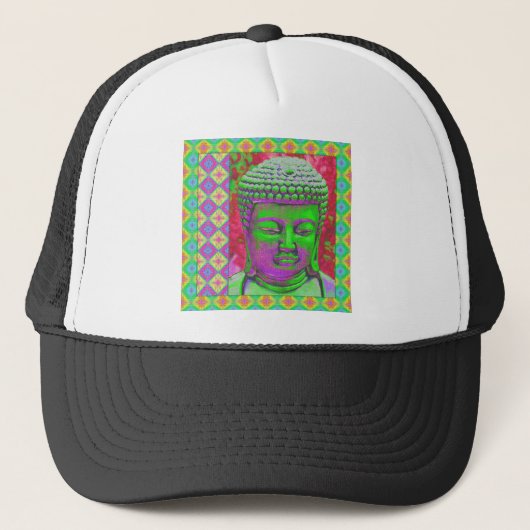 Buddha-Pop mit Patchwork-Grenzen in grün und rot Truckerkappe (Vorderseite)