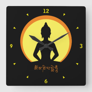 Buddha Shakyamuni & SunDisc /Light at Night Quadratische Wanduhr