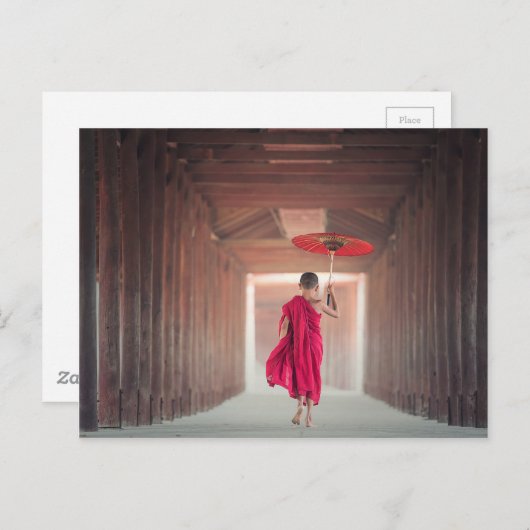 Buddhist Monk with Red Umbrella Postkarte (Vorne/Hinten)