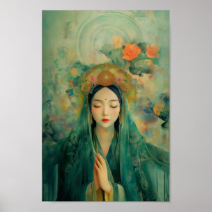Buddhistische Göttin Quan Yin Green Floral Malerei Poster
