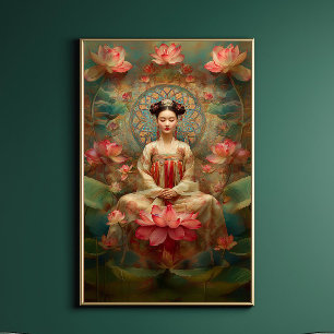 Buddhistische Göttin Quan Yin Pink Lotus Gemälde K Poster