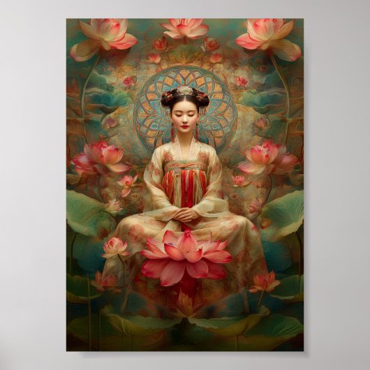Buddhistische Göttin Quan Yin Pink Lotus Malerei A Poster (Vorne)