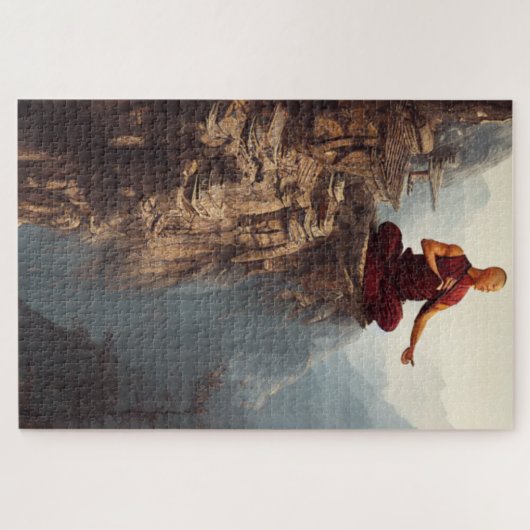 Buddhistischer Mönch, der das Jigsaw-Puzzle vermit Puzzle (Horizontal)