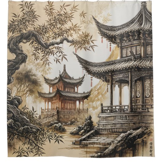 Buddhistischer Tempel Duschvorhang (Vorderseite)