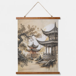 Buddhistischer Tempel Wandteppich Mit Holzrahmen