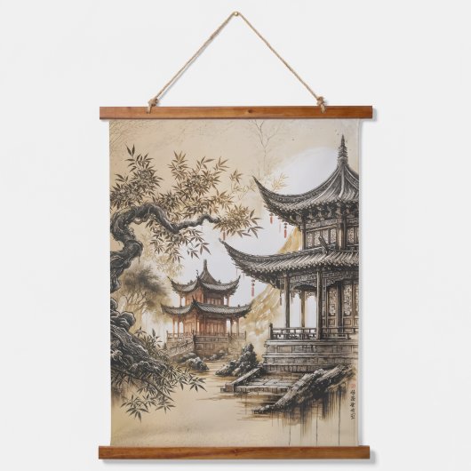 Buddhistischer Tempel Wandteppich Mit Holzrahmen (Vorderseite)