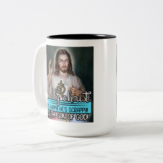 Buddy Christ, er ist glücklich! Er ist schwül! Zweifarbige Tasse (Vorderseite Links)