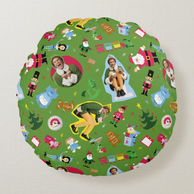 Buddy the Elf and Christmas Icons Pattern Rundes Kissen (Vorderseite)