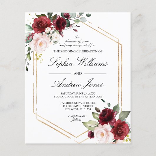 Budet Burgund & Blush Pink Hochzeitseinladung (Vorderseite)