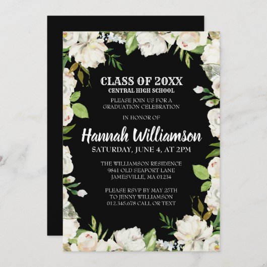 Budge Schwarz-weiß Floral Class 2021 Abschluss Einladung (Vorne/Hinten)