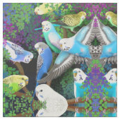 Budgerigar-Papageien im Farn-Gewebe Stoff (Nahaufnahme)