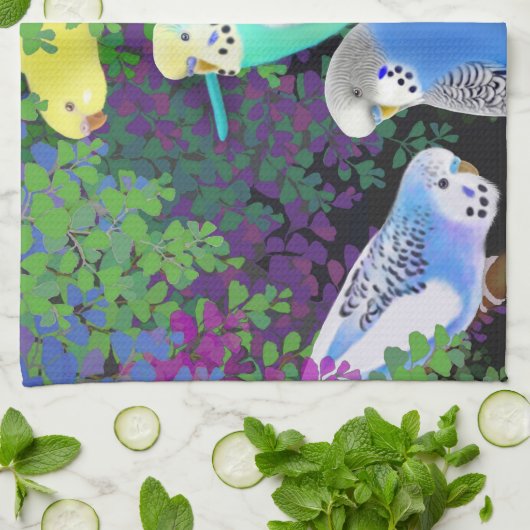 Budgerigars im Farn-Geschirrtuch Geschirrtuch (Gefaltet)