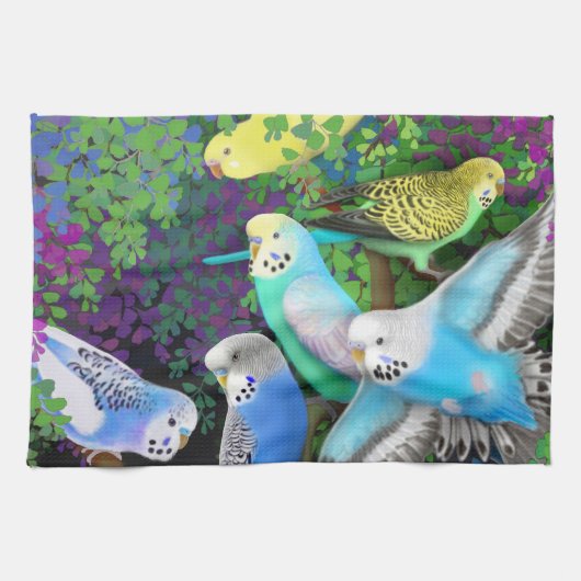 Budgerigars im Farn-Geschirrtuch Geschirrtuch (Horizontal)