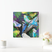 Budgerigars in der Farn-Wanduhr Quadratische Wanduhr (Zuhause)
