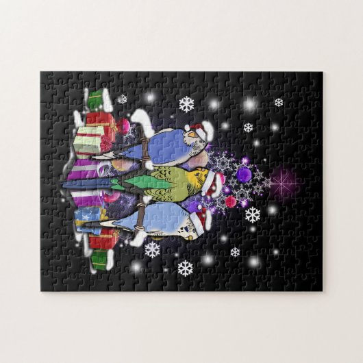 Budgerigars mit Weihnachtsgeschenk und Puzzle (Horizontal)