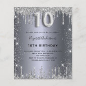 Budget 10. Geburtstag Silber Glitzer Einladung (Vorderseite)