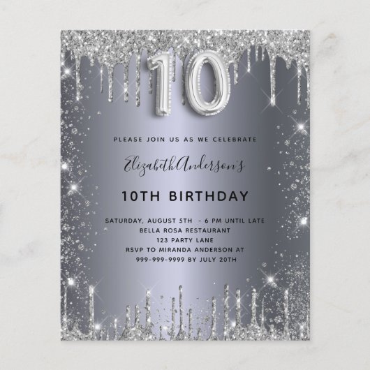 Budget 10. Geburtstag Silber Glitzer Einladung (Vorderseite)