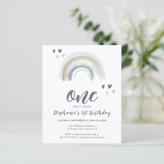 Budget 1 Birthday Blue Boho Rainbow (Stehend Vorderseite)