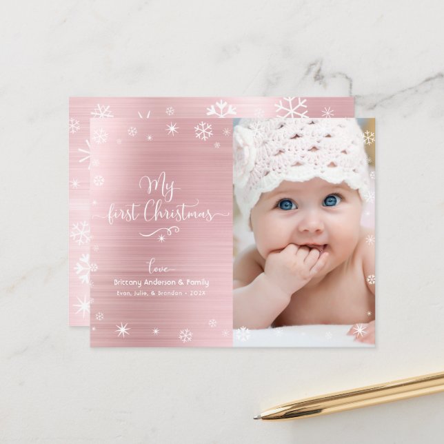 Budget 1 Holiday Baby Foto Schneeflocken Pink Card (Vorderseite/Rückseite Beispiel)