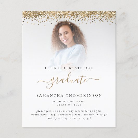Budget 2023 Grad Foto Gold Glitzer Einladung (Vorderseite)