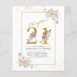 Budget 21. Geburtstag Floral Gold Schrift Einladun Flyer