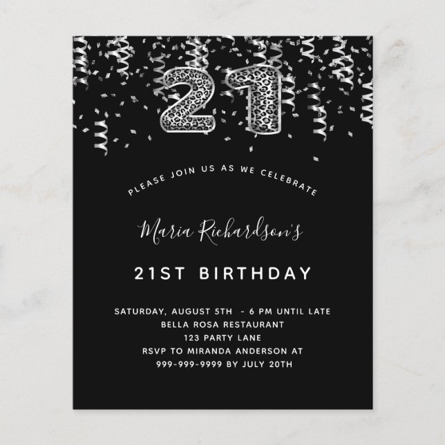 Budget 21. Geburtstag Schwarz-Silber-Leopard-Party (Vorderseite)