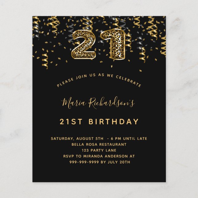 Budget 21. Geburtstag schwarzes Goldleopard-Party (Vorderseite)