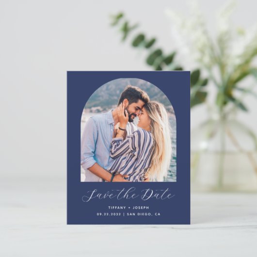 Budget 2-Foto Arch Navy Blau Save the Date (Stehend Vorderseite)