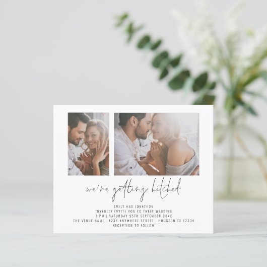 Budget 2 Foto Hitched Wedding Einladung (Stehend Vorderseite)