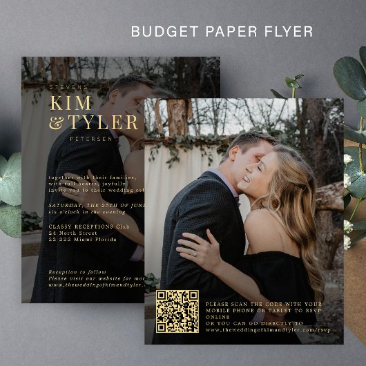 Budget 2 Fotos QR Gold Einladung zur Hochzeit Flyer