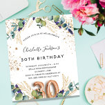 Budget 30. Geburtstag Eukalyptus Grünpflanzen Glit<br><div class="desc">Für ein Party zum 30. Geburtstag. Weiß,  mit Eukalyptusgrün und goldenen Blätter dekoriert. Golden Imitats Glitzer Spots. Personalisieren und fügen Sie Ihre Namen und Hochzeitsdetails. Schwarze und goldfarbene Buchstaben. Nummer 30 wird mit Schriftart im Ballonstil geschrieben. Zurück: weißer Hintergrund und goldene Imitate Glitzer Flecken.</div>