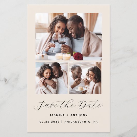 Budget 3-Foto Collage Beige Save the Date (Vorderseite)