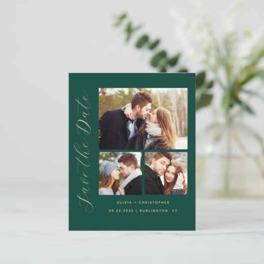 Budget 3-Foto Collage Emerald Green Save the Date (Stehend Vorderseite)