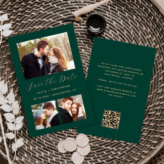 Budget 3-Foto Collage Green QR Code Save the Date