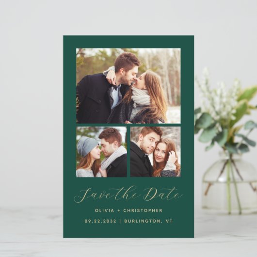 Budget 3-Foto Collage Green Save the Date (Stehend Vorderseite)
