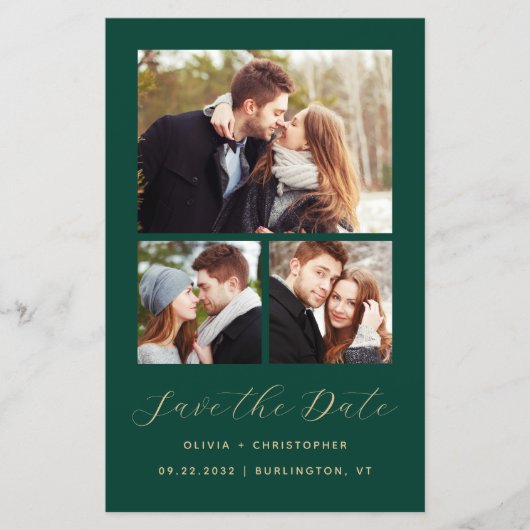 Budget 3-Foto Collage Green Save the Date (Vorderseite)