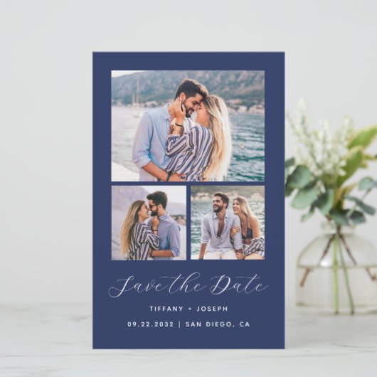 Budget 3-Foto Navy Blue Save the Date (Stehend Vorderseite)