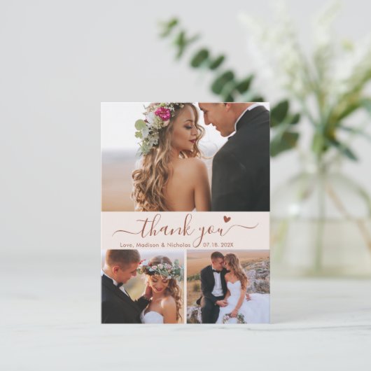 Budget 3 Foto Terracotta Script Wedding Vielen Dan Postkarte (Stehend Vorderseite)