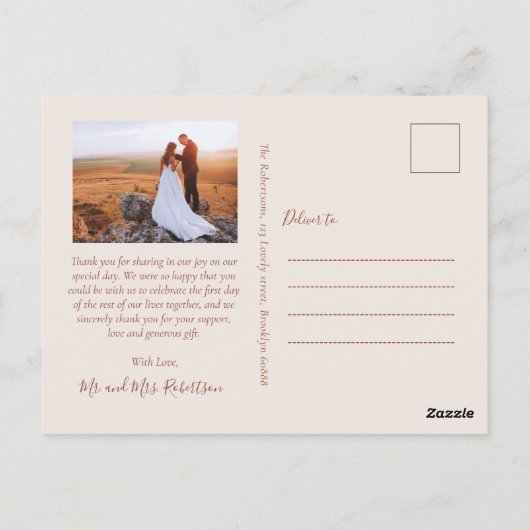 Budget 3 Foto Terracotta Script Wedding Vielen Dan Postkarte (Rückseite)