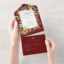 BUDGET 3in1 Burgundy Sunflowers Wedding RSVP All In One Einladung