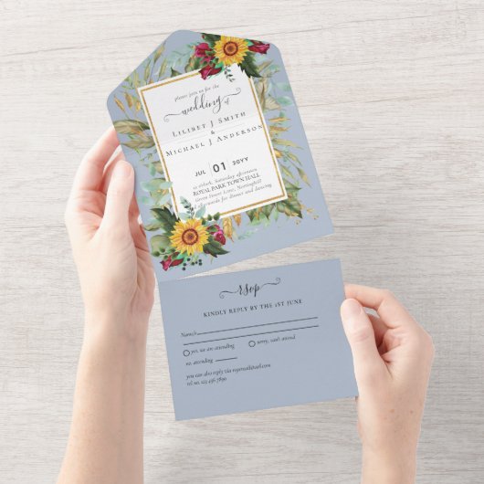 BUDGET 3in1 Burgundy Sunflowers Wedding RSVP All In One Einladung (Abreißen)