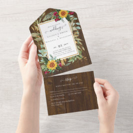 BUDGET 3in1 Burgundy Sunflowers Wedding RSVP All In One Einladung
