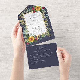 BUDGET 3in1 Burgundy Sunflowers Wedding RSVP All In One Einladung